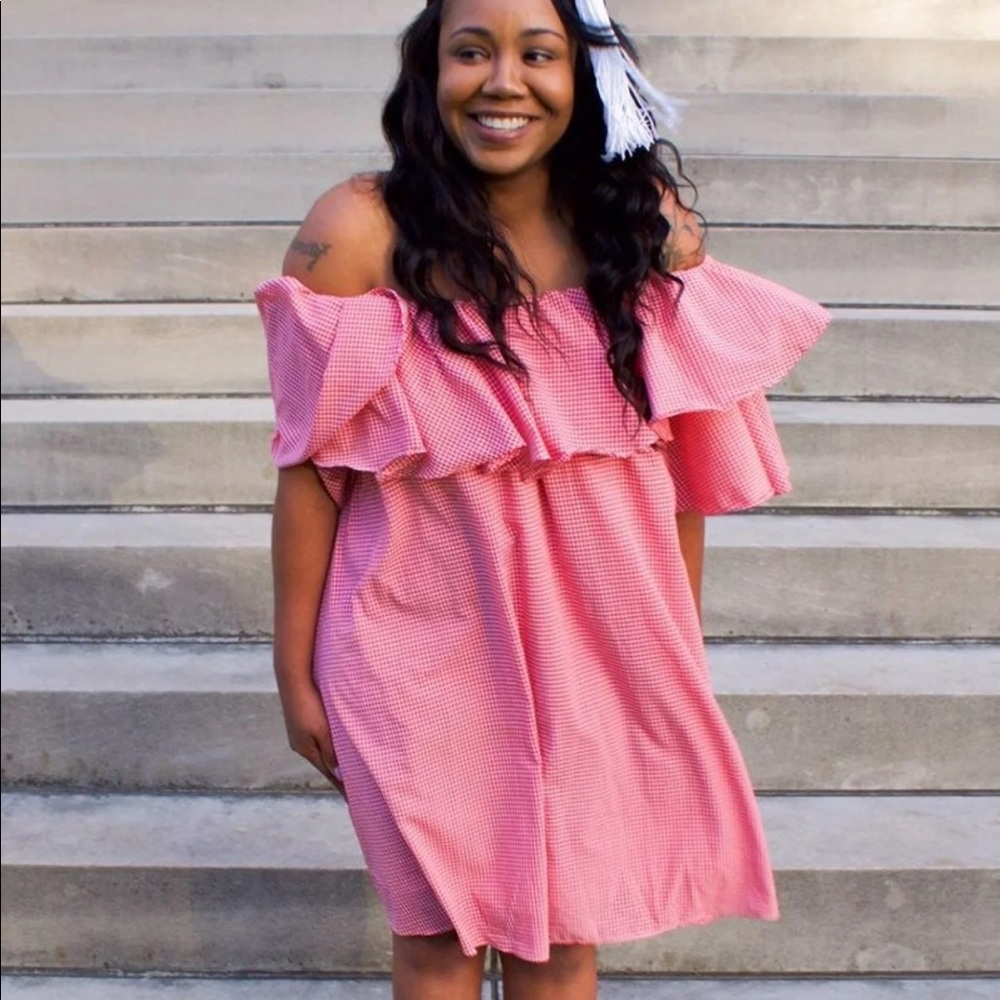 Red off shoulder dress